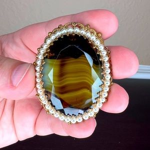 Vintage Made in Germany Givre Glass and Pearl Brooch, Jonquil Topaz, Tiger Eye